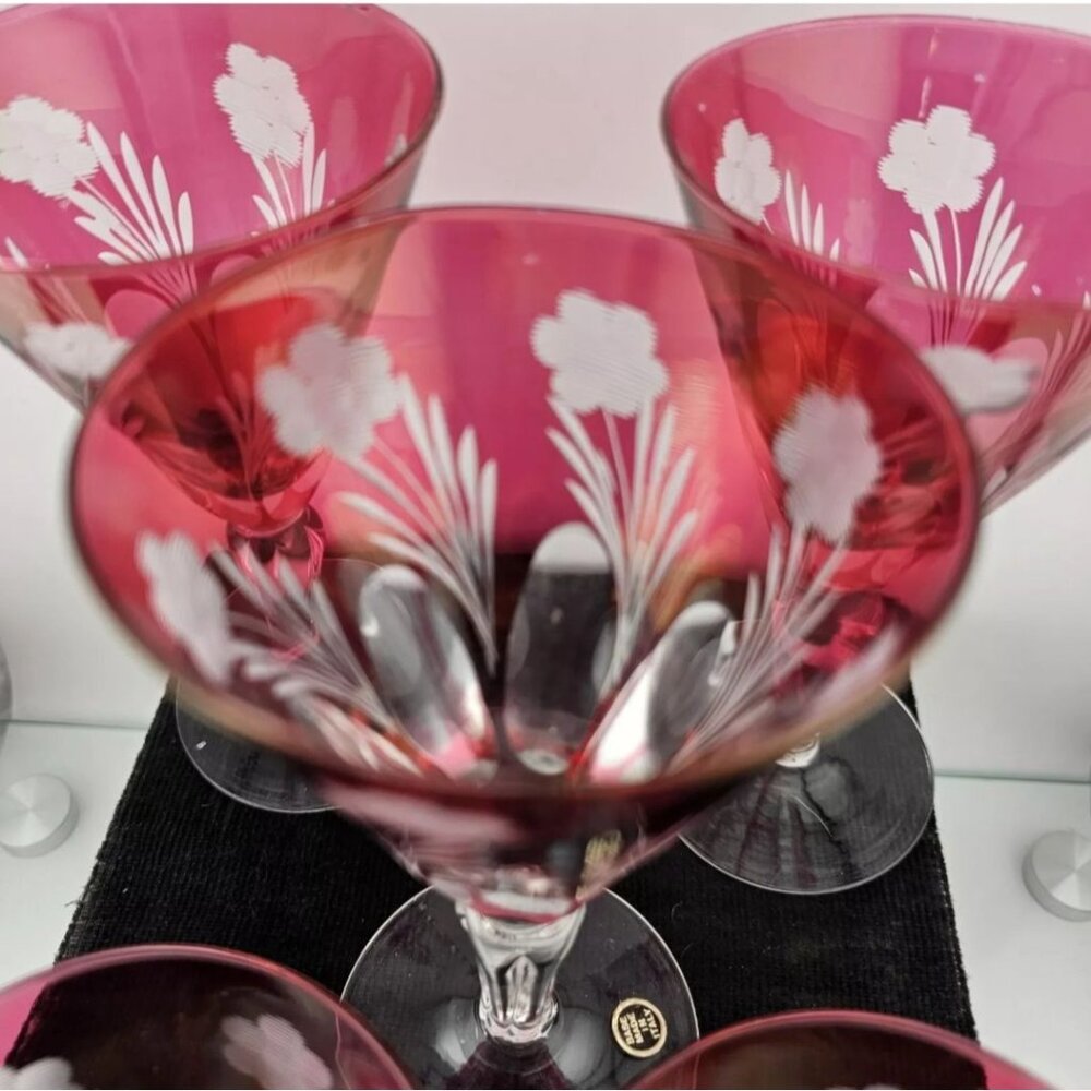 6 Italian Cranberry Glass Cut to Clear Cocktail Glasses 6" Italy floral cut glas - Picture 6 of 8